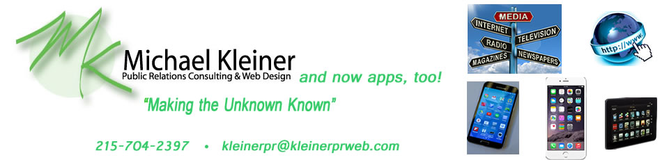 Logo, tagline, images Michael Kleiner Public Relations and Web Design and apps now